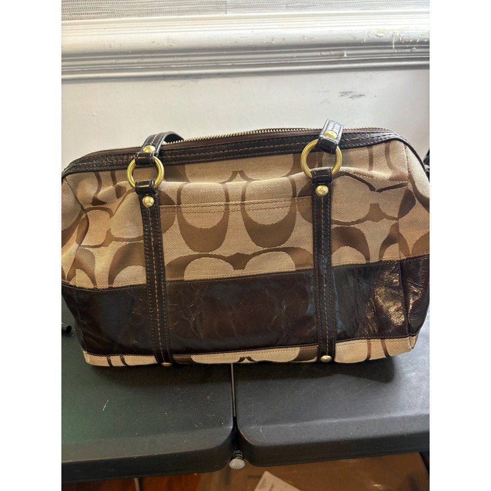 Coach Signature Bleecker Satchel Khaki Brown Jacquard Leather Bag 12430